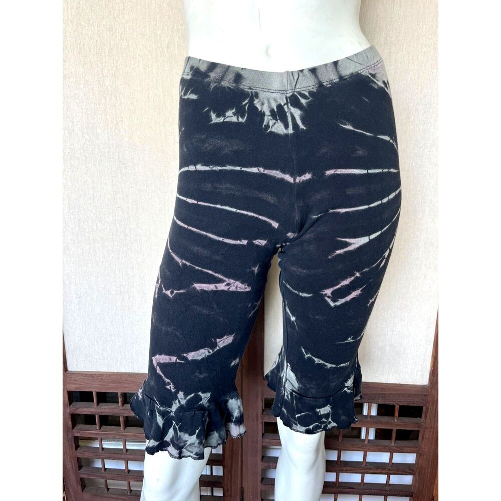 Y2K Black Tie Dye Ruffle Hem Capris Fairy Grunge Festival Pants